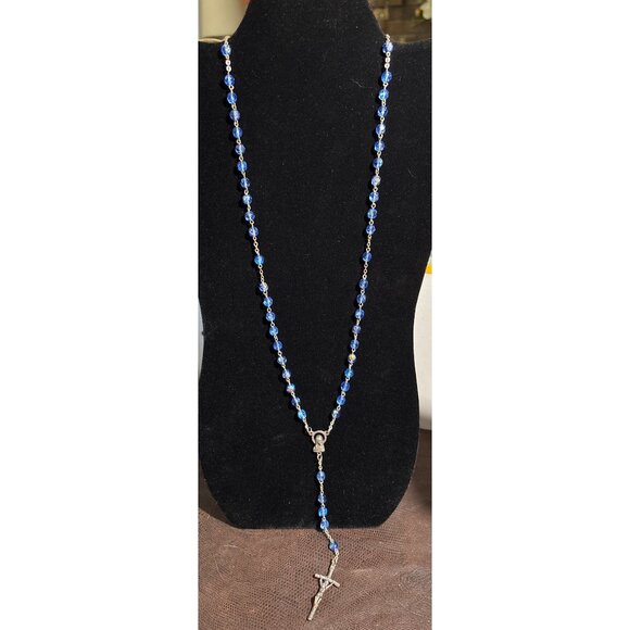 Vintage Rosary With AB Blue Glass Beads & Silver Crucifix Pendant Italy - Picture 2 of 7
